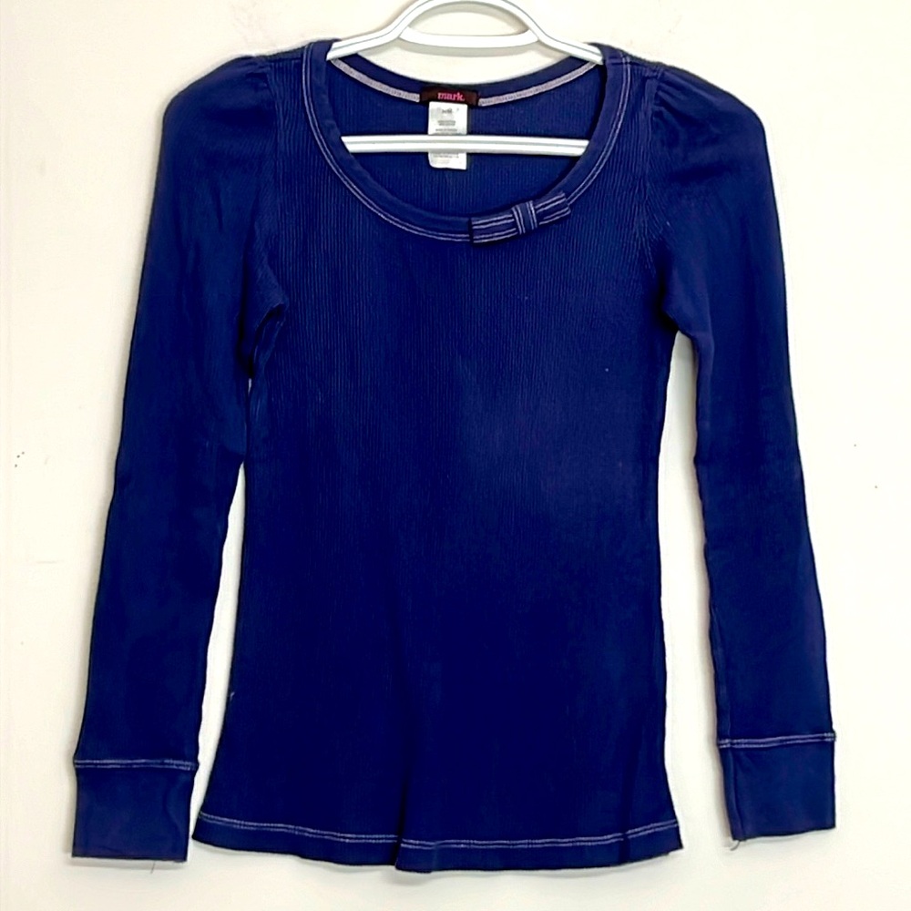 🌞 Mark by Avon blue long sleeve waffle thermal bow detail on scoop neck women M